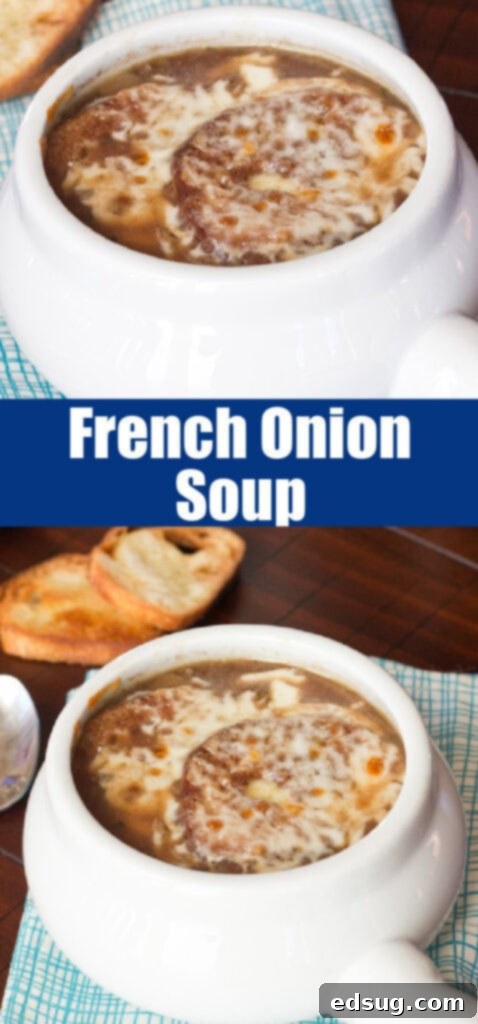 Close-up of a rustic bowl of French Onion Soup, highlighting the rich broth, caramelized onions, and melted cheese topping.