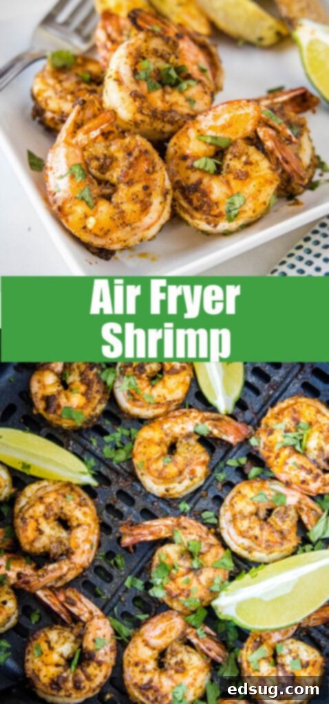 Close-up shot of perfectly cooked air fryer shrimp, glistening and ready to eat, suitable for a Pinterest collage.
