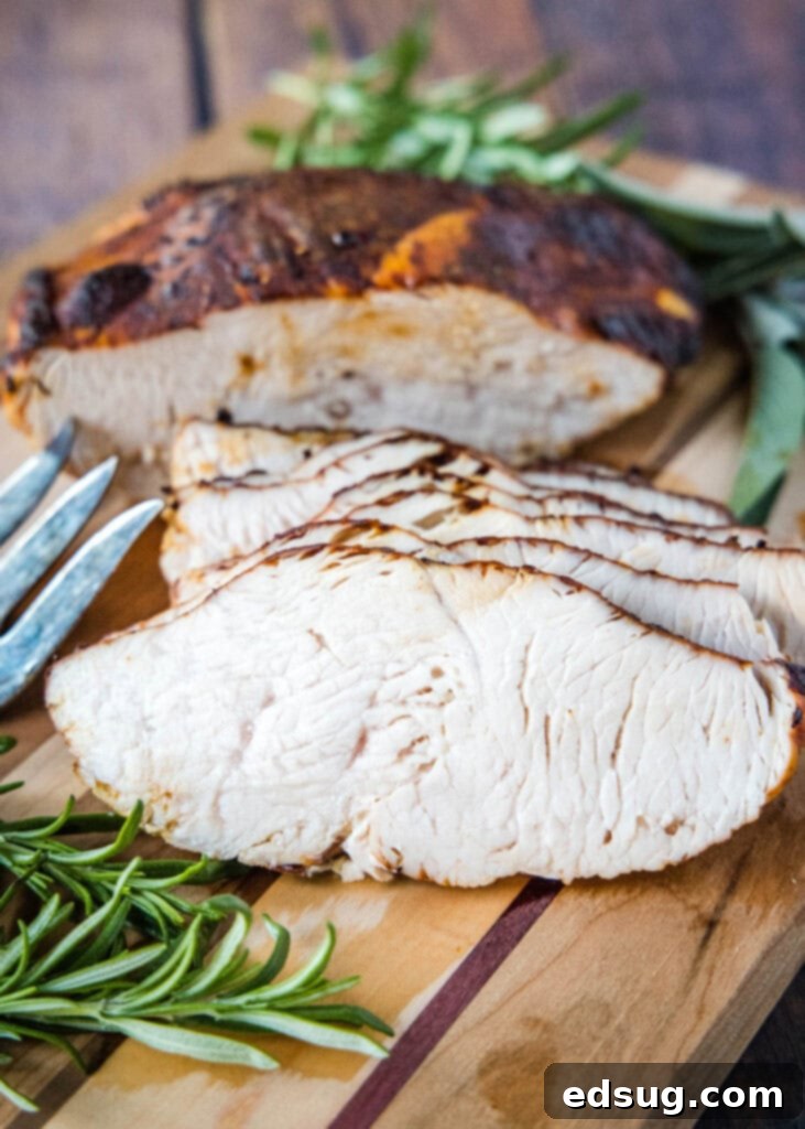 Crispy Air Fryer Turkey Breast 3 sliced turkey breast on cutting board