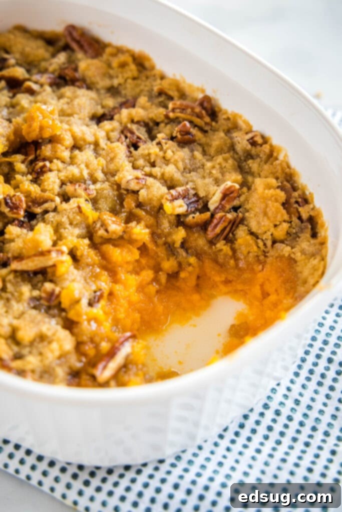 looking down into the baking dish with a scoop missing