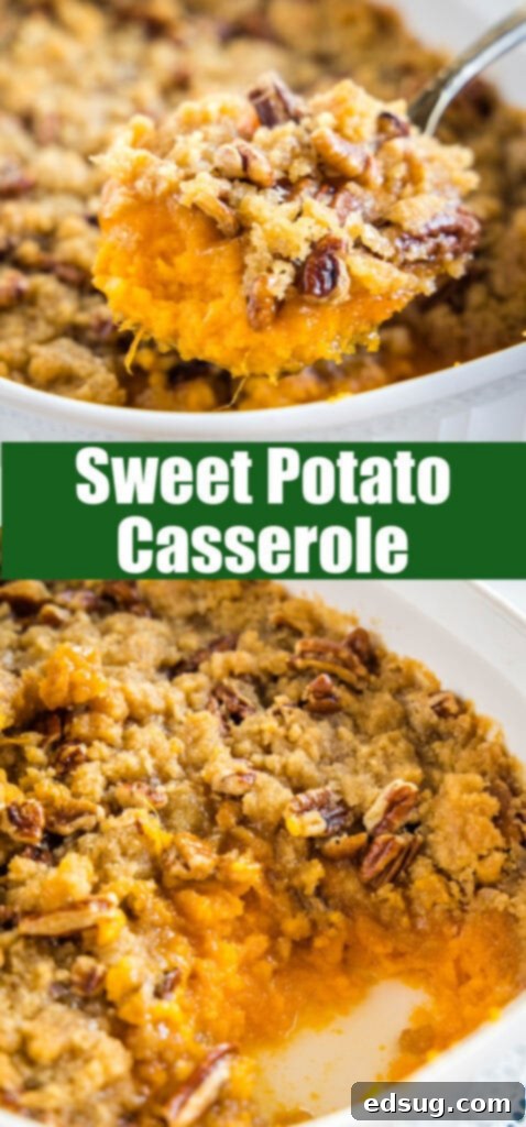 close up of ruth chris sweet potato casserole for pinterest