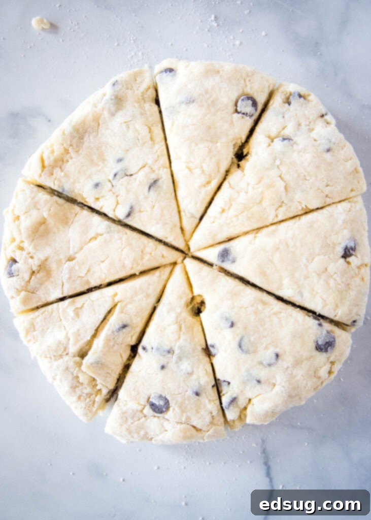 Scone dough cut into 8 uniform wedges on a white surface, ready for baking.