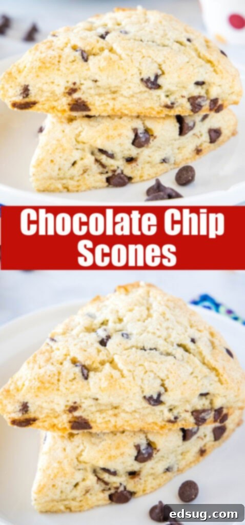 Close-up of a stack of chocolate chip scones with melted chocolate visible, photographed for Pinterest.