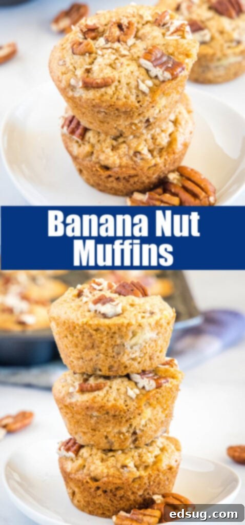 Ultimate Banana Nut Muffins 6 close up stacked banana muffins on a white palte