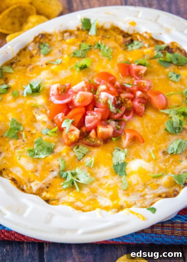 Molten Chili Cheese Delight 2 Bubbly chili cheese dip in a pie dish, garnished with fresh diced tomatoes and ready for serving, showcasing its golden-brown melted cheese.