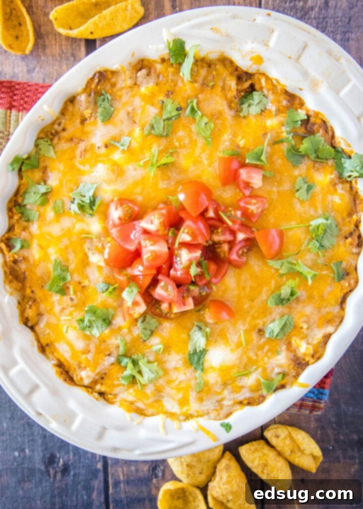 Molten Chili Cheese Delight 3 Top-down view of baked chili cheese dip, golden and bubbly, topped with vibrant diced tomatoes and a scattering of green onions, inviting a delicious scoop.