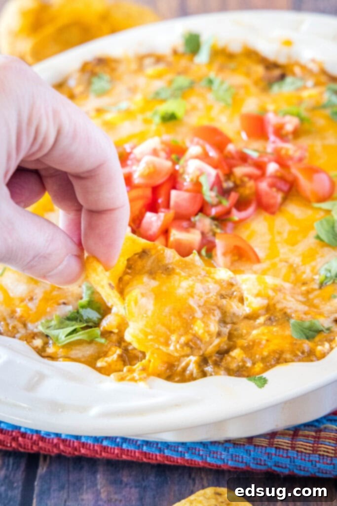 Molten Chili Cheese Delight 4 Hand scooping creamy chili cheese dip with a tortilla chip, showing its rich, melted texture and the delicious blend of chili and cheese.