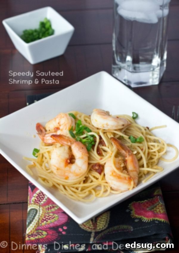 Speedy Shrimp Pasta - Plump and juicy shrimp sauteed in olive oil, garlic, and onions. Tossed with pasta for a quick and easy dinner, garnished with fresh herbs.
