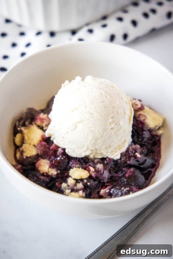 Cherry Cobbler 6 A white bowl of cherry cobbler with a generous scoop of vanilla ice cream melting on top.