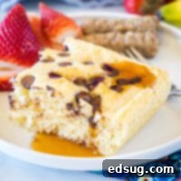 close up sheet pan pancake with syrup