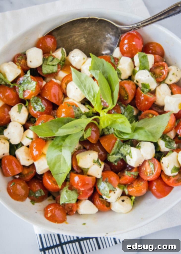 Overhead view of a prepared Tomato Mozzarella Salad in a white bowl, ready to serve.
