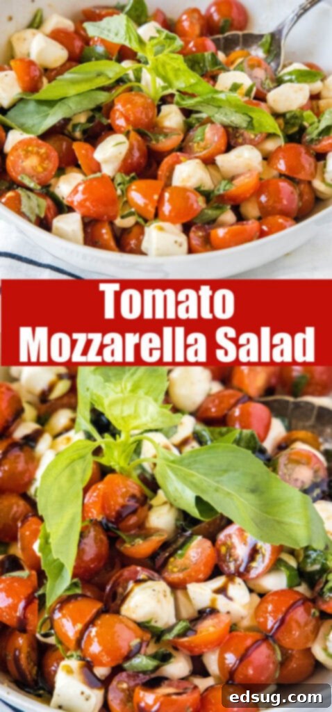 A close-up view of the fresh Tomato Mozzarella Salad, highlighting the glossy balsamic glaze and vibrant colors.