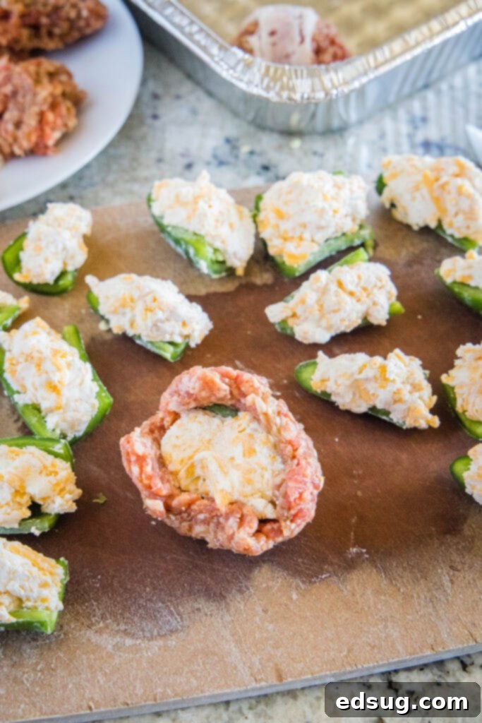 Step-by-step image showing how to wrap seasoned sausage around cheese-stuffed jalapeno pieces to form an egg shape