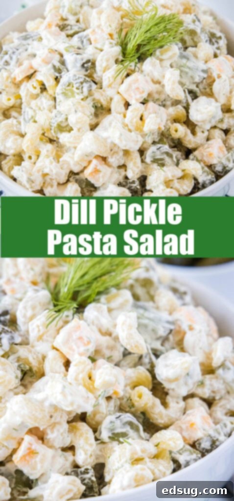Close up shot of creamy dill pickle pasta salad, perfect for Pinterest.