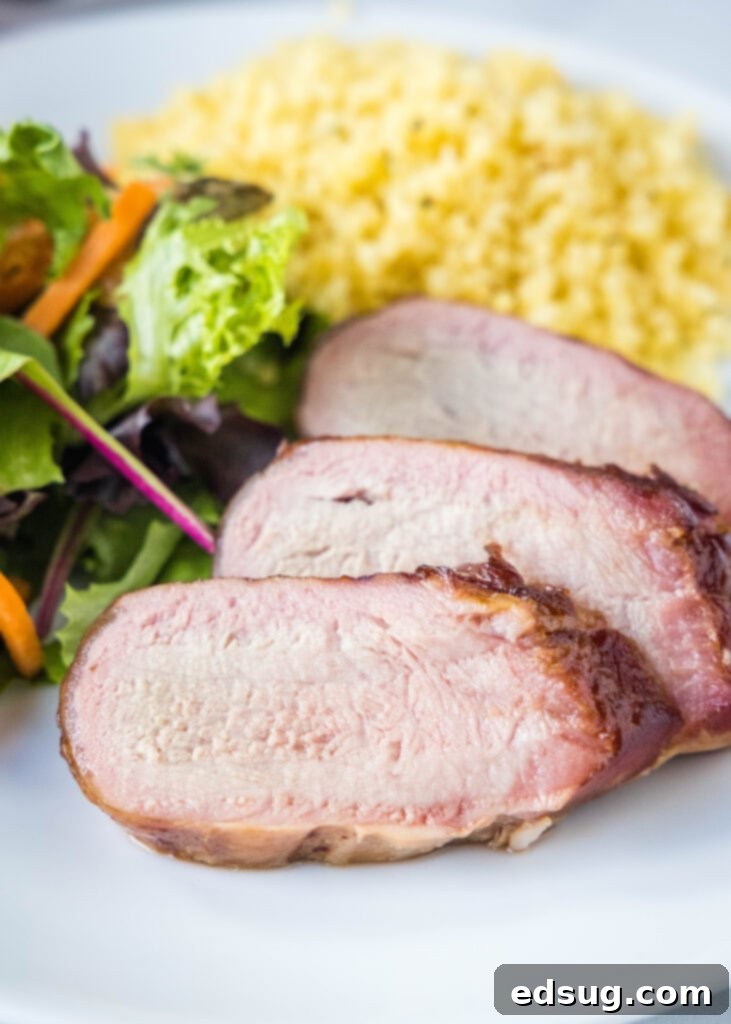 Succulent Smoked Pork Tenderloin 5 a white plate with pork tenderloin salad and rice