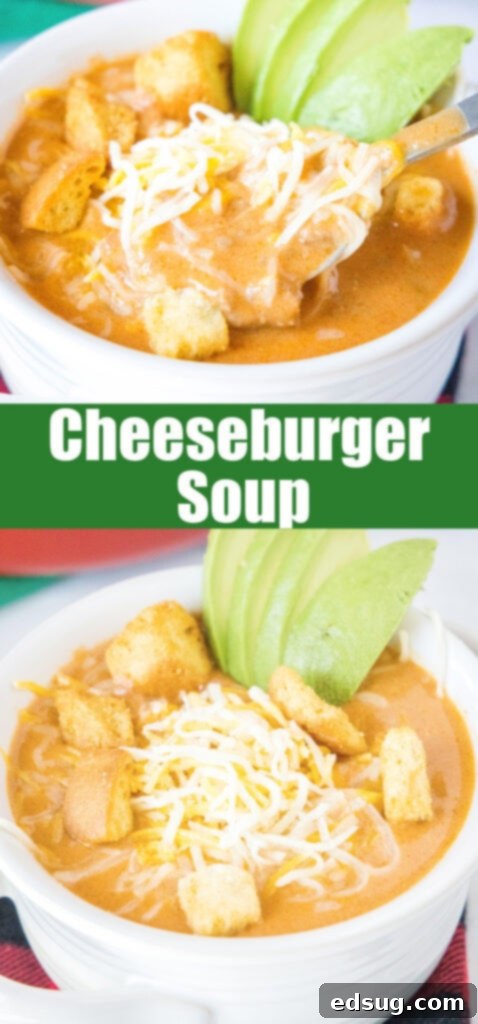close up white bowl of cheeseburger soup for pinterest