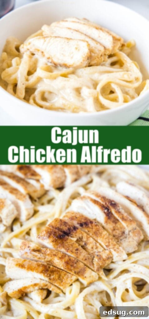 Close up of creamy Cajun Chicken Alfredo for Pinterest