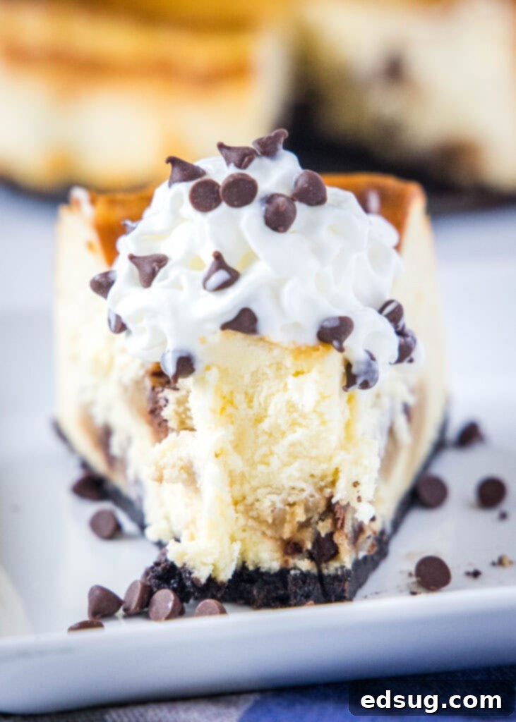 A slice of homemade chocolate chip cookie dough cheesecake with a bite taken out, showing the creamy texture and cookie dough pieces.
