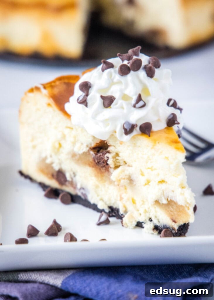 A whole chocolate chip cookie dough cheesecake on a plate with a serving fork, ready to be enjoyed.