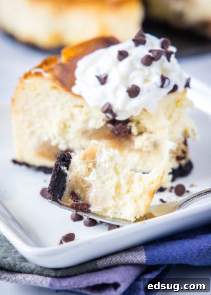 A close-up of a fork holding a perfect bite of chocolate chip cookie dough cheesecake, showcasing the texture.