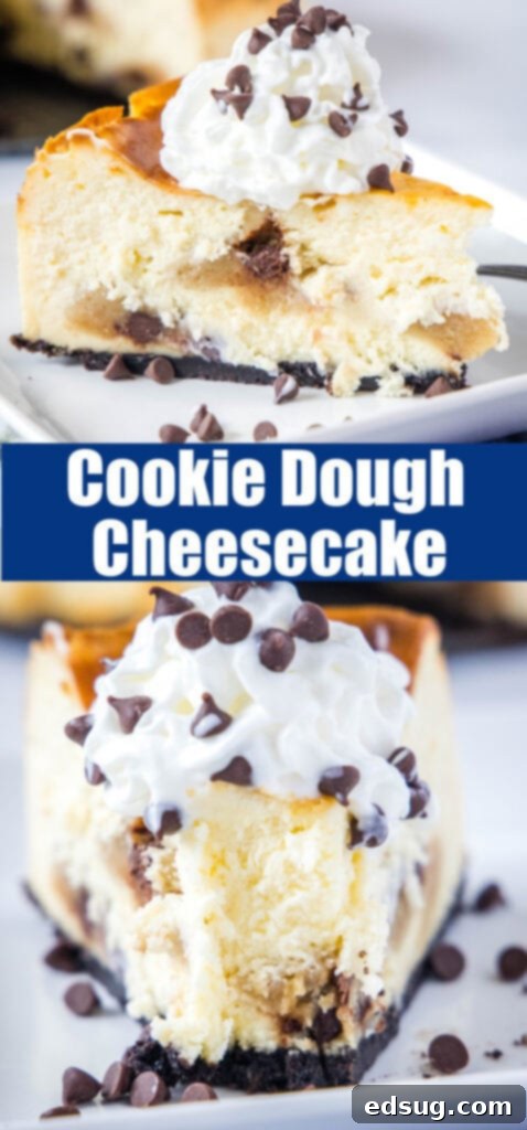 A close-up of a chocolate chip cookie dough cheesecake on a white plate, perfect for a Pinterest share.