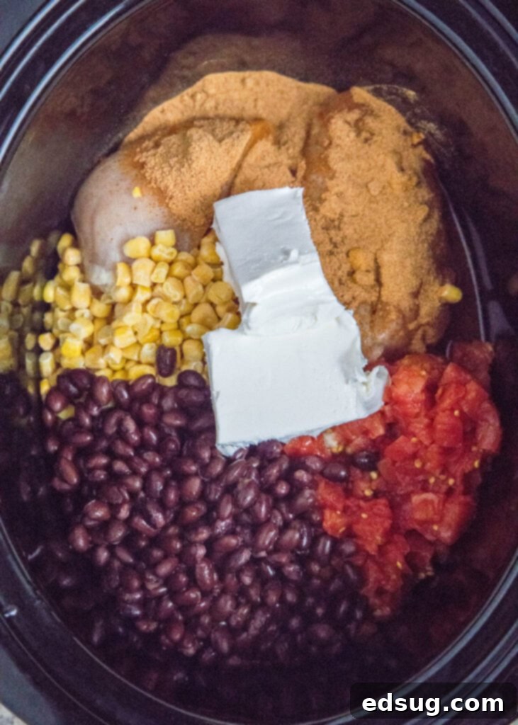 All the ingredients for Fiesta Chicken layered in a crock pot, ready for slow cooking.