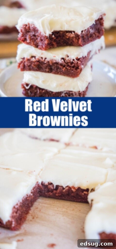 Close-up shot of a stack of red velvet brownies with cream cheese frosting, perfect for social media sharing.