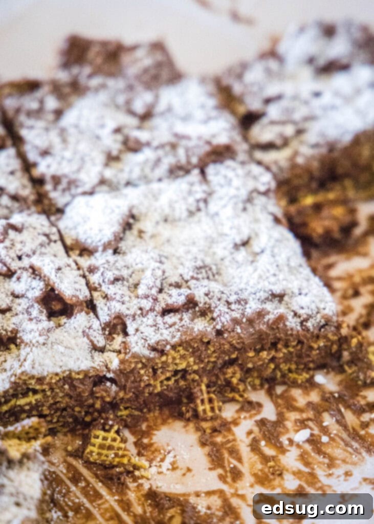 Close-up of Puppy Chow Bars in a baking pan, generously dusted with powdered sugar, ready for slicing.