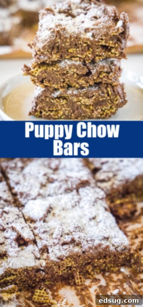 Close-up of Puppy Chow Bars for Pinterest, showcasing the fudgy texture and powdered sugar dusting.