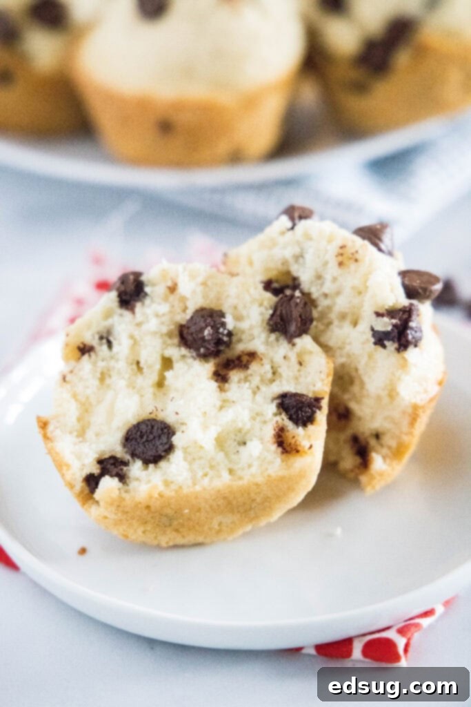 A Bisquick muffin cut in half on a white plate, revealing its moist, fluffy interior and generous chocolate chip distribution.