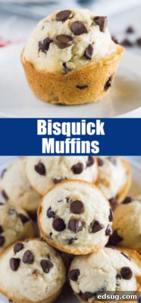 A close-up of a stack of fluffy Bisquick muffins with chocolate chips, perfect for Pinterest sharing.