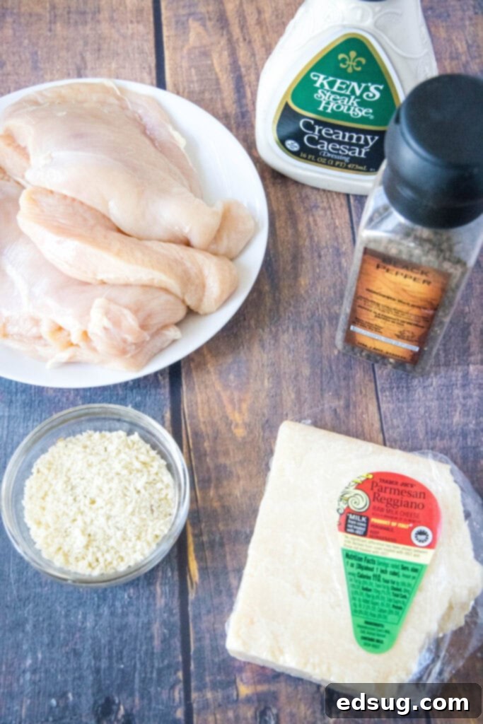 Caesar Chicken Bake 3 A collection of ingredients laid out, including chicken breasts, Caesar dressing, Parmesan cheese, black pepper, and panko breadcrumbs, ready for the Baked Caesar Chicken recipe.