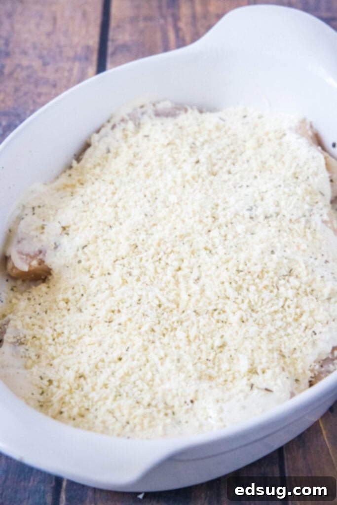 Caesar Chicken Bake 4 Italian Panko breadcrumbs sprinkled over Caesar dressing-coated chicken breasts in a baking dish, ready for the oven.