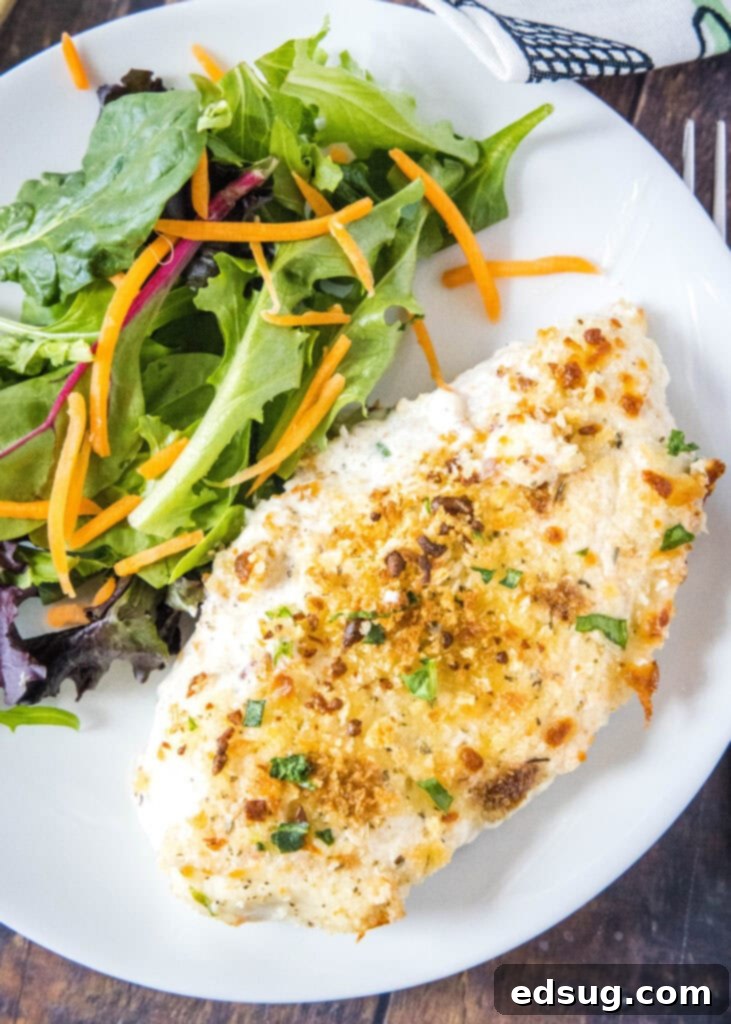 Caesar Chicken Bake 7 A close-up view of a white plate holding a serving of baked Caesar chicken, garnished with fresh herbs and a side salad.