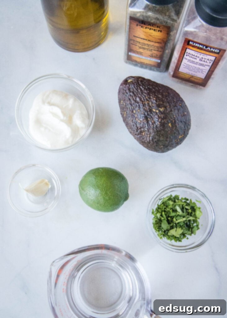 A vibrant selection of fresh ingredients for creamy avocado dressing, including a perfectly ripe avocado, olive oil, plain Greek yogurt, fresh lime, garlic, and a sprig of cilantro, arranged on a light-colored countertop.