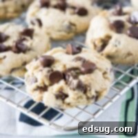 Close up of chocolate chip cookies on a wire rack