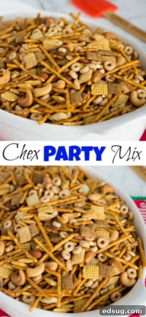 A platter brimming with golden, savory Chex Party Mix, ready to be served. The image evokes a sense of holiday festivity and delicious homemade goodness. SEO keywords: Party Mix, Best Snack, Family Tradition.
