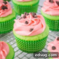 Watermelon Cupcakes 7 cropped image of watermelon cupcake on a cooling rack