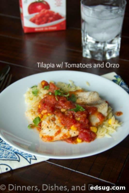 Flavorful tilapia with tomatoes and orzo on a plate, garnished with fresh herbs, ready to be enjoyed.