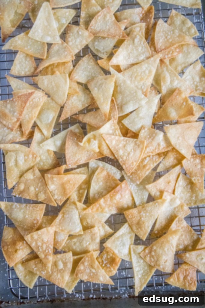overhead shot of a large tray filled with golden homemade tortilla chips