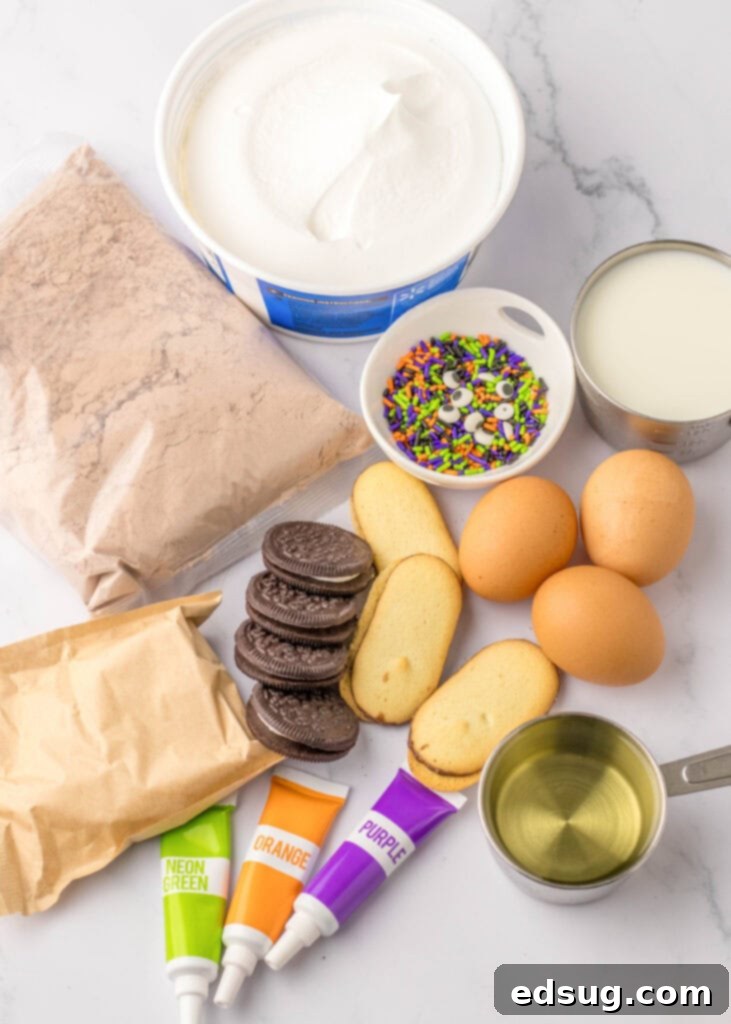 Ingredients for Halloween pudding cups laid out on a table