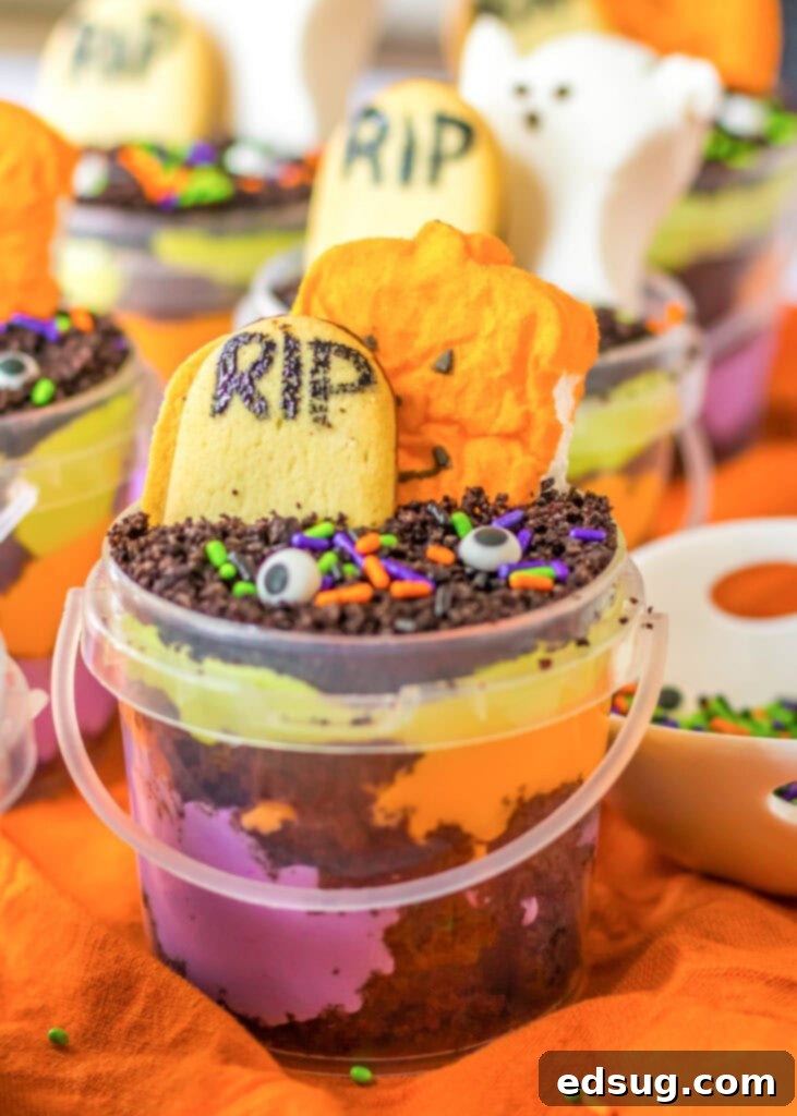 Various Graveyard Halloween Pudding Cups decorated with tombstones, ghosts, and sprinkles