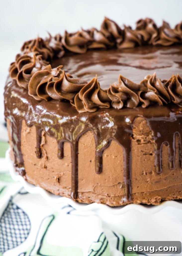 Ultimate Death By Chocolate Drip Cake 2 close up chocolate cake with chocolate ganache drips, showcasing the rich layers and glossy finish