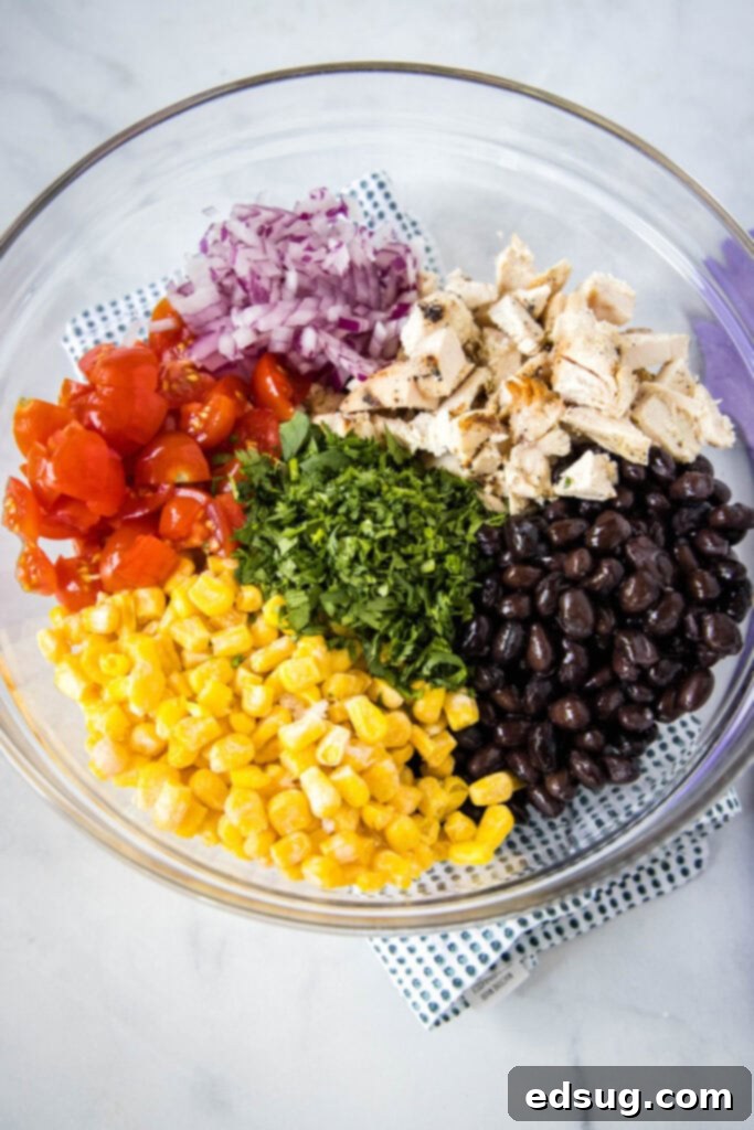 Overhead view of a mixing bowl filled with corn, tomatoes, onions, black beans, cilantro, and shredded chicken