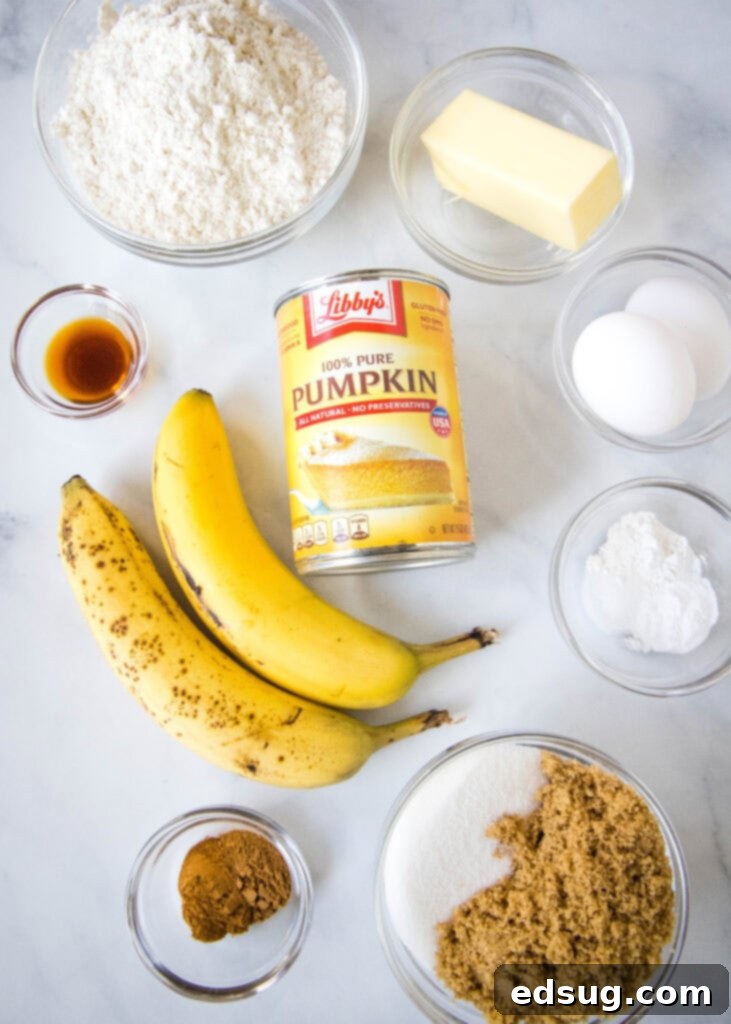 Spiced Pumpkin Banana Muffins 3 Ingredients for pumpkin banana muffins laid out on a counter.