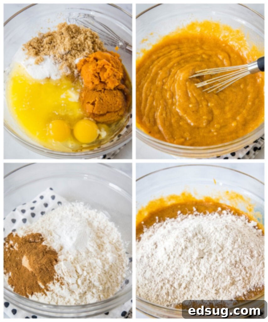 Spiced Pumpkin Banana Muffins 4 Collage showing the step-by-step process of making pumpkin banana muffins.