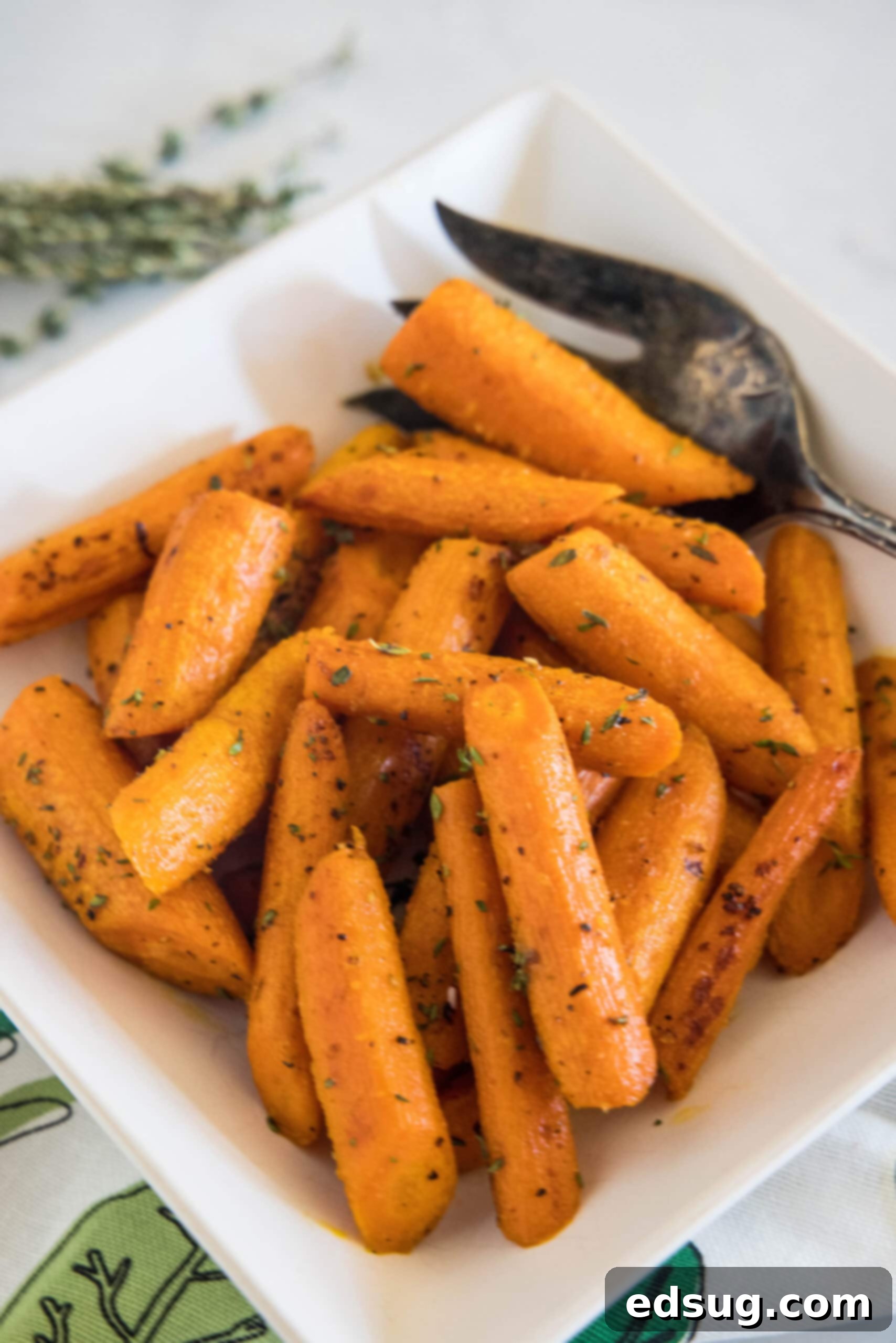 Seasoned roasted carrots in a square white bowl with a serving spoon, garnished with fresh herbs.