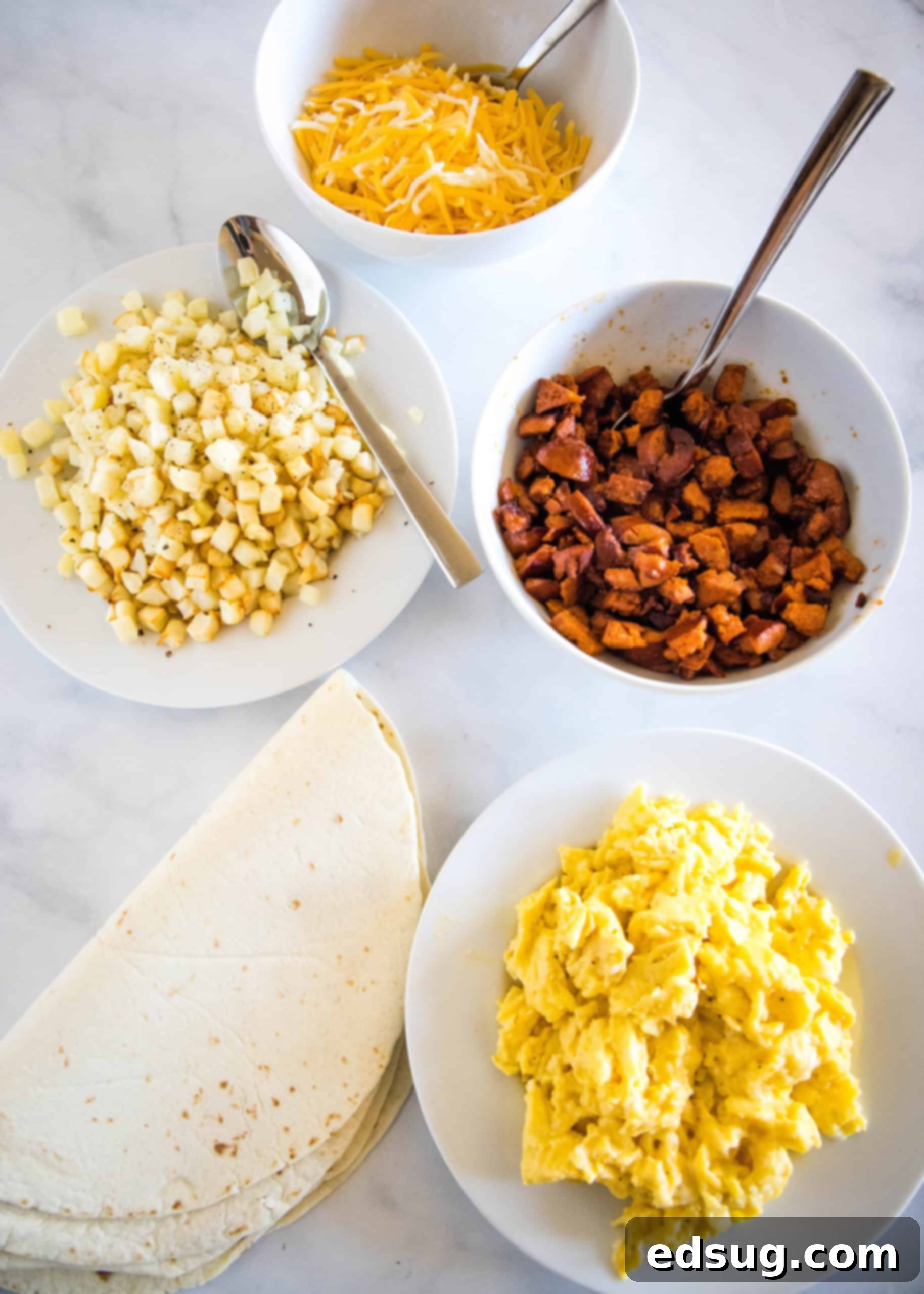 Chorizo breakfast burrito ingredients.