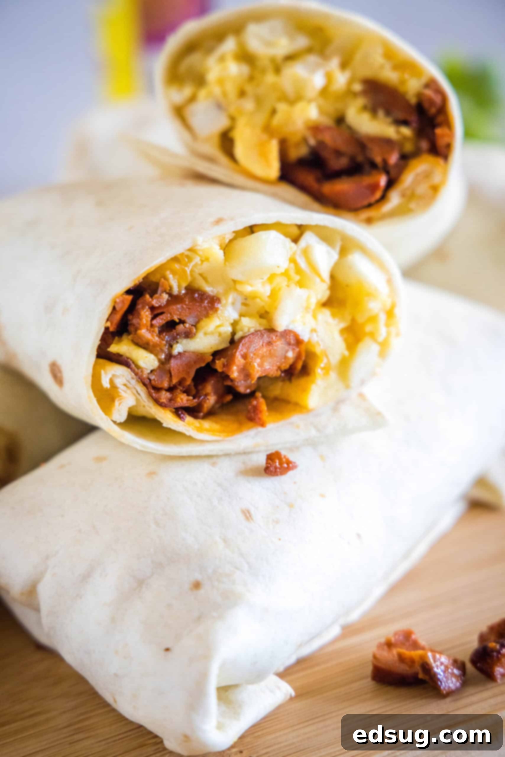 Two halves of a chorizo breakfast burrito propped up on top of a whole rolled burrito on a wooden cutting board.