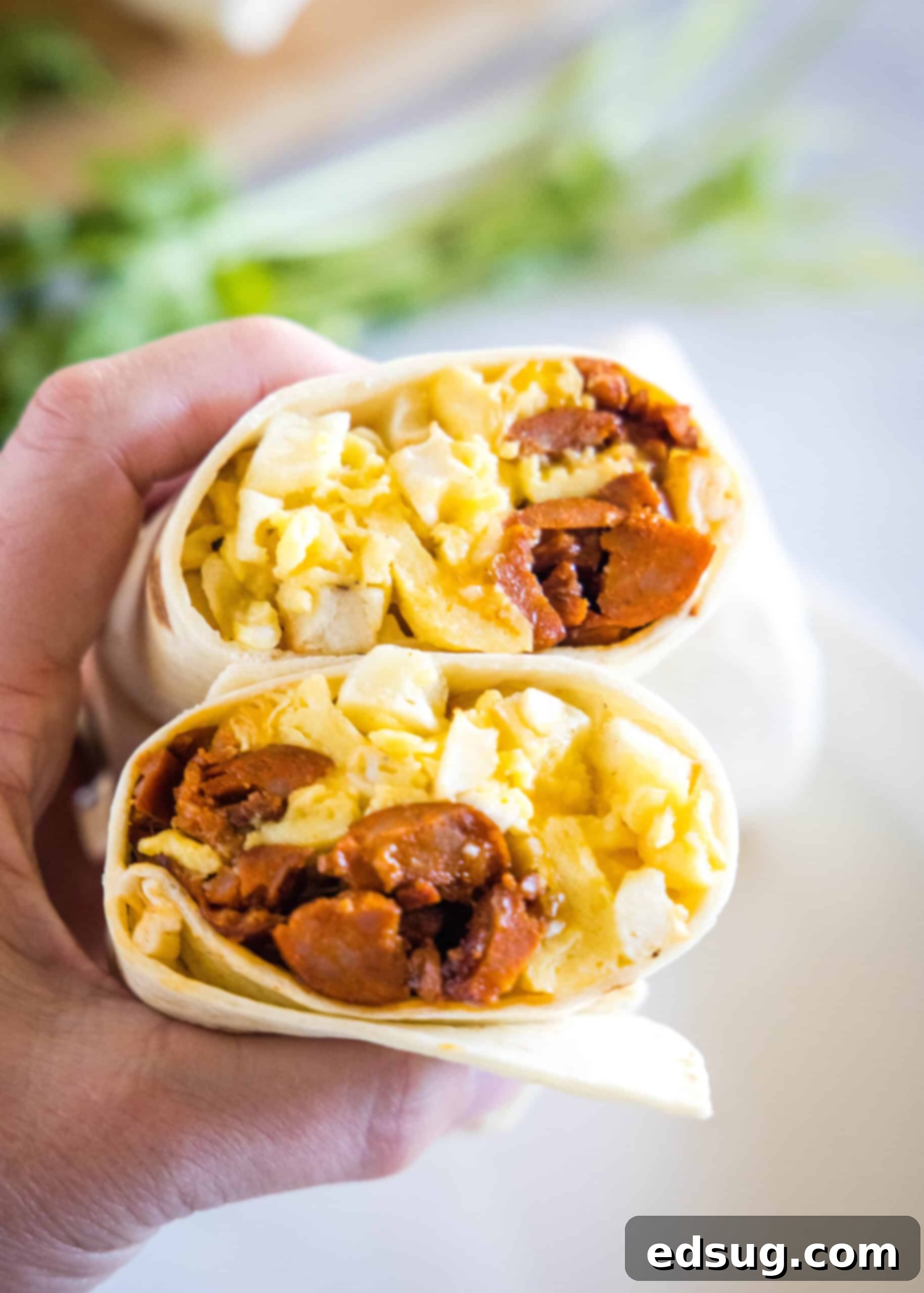 A hand holding up two halves of a chorizo breakfast burrito, showing the eggs, cheese, potatoes, and chorizo filling inside.